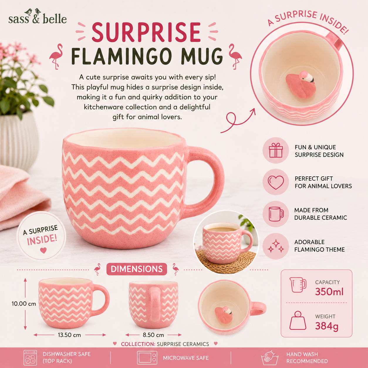 Sass & Belle Surprise Flamingo Mug with pink zigzag pattern and pink handle