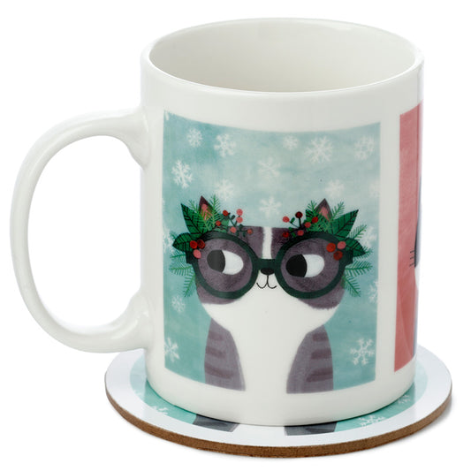 Puckator Angie Rozelaar Planet Cat Xmas Porcelain Mug & Coaster Set
