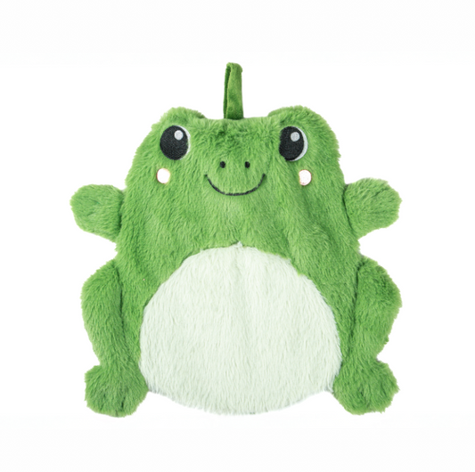 Sass & Belle Fergus Frog Hot Water Bottle with cute plush green frog design – front view