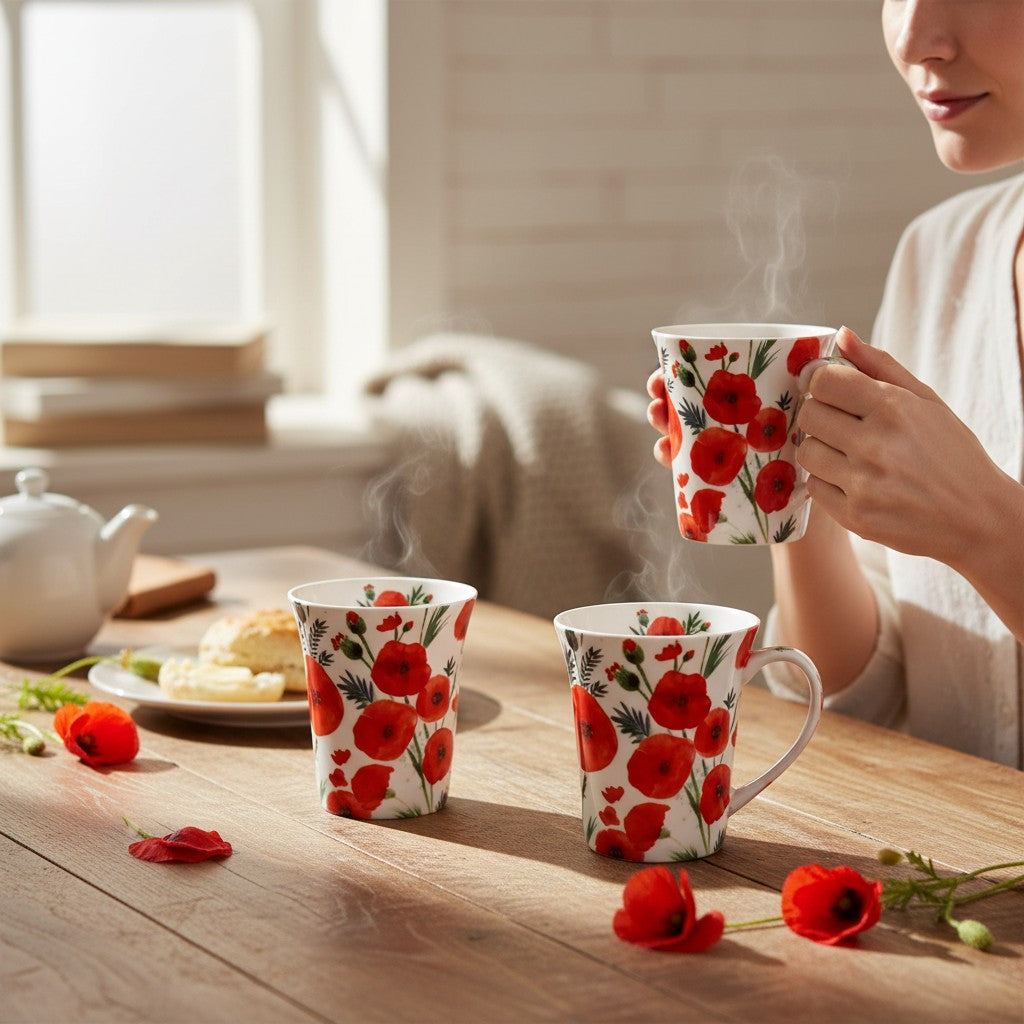 Lifestyle image of poppy mugs with tea and biscuits