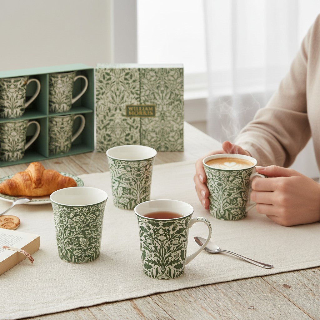 Lifestyle image of William Morris mugs with tea and croissant