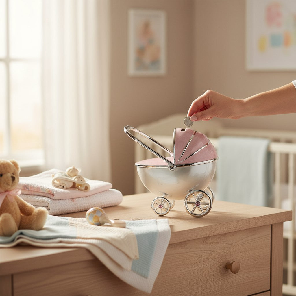 Silver Plated Pink Enamelled Pram Money Box