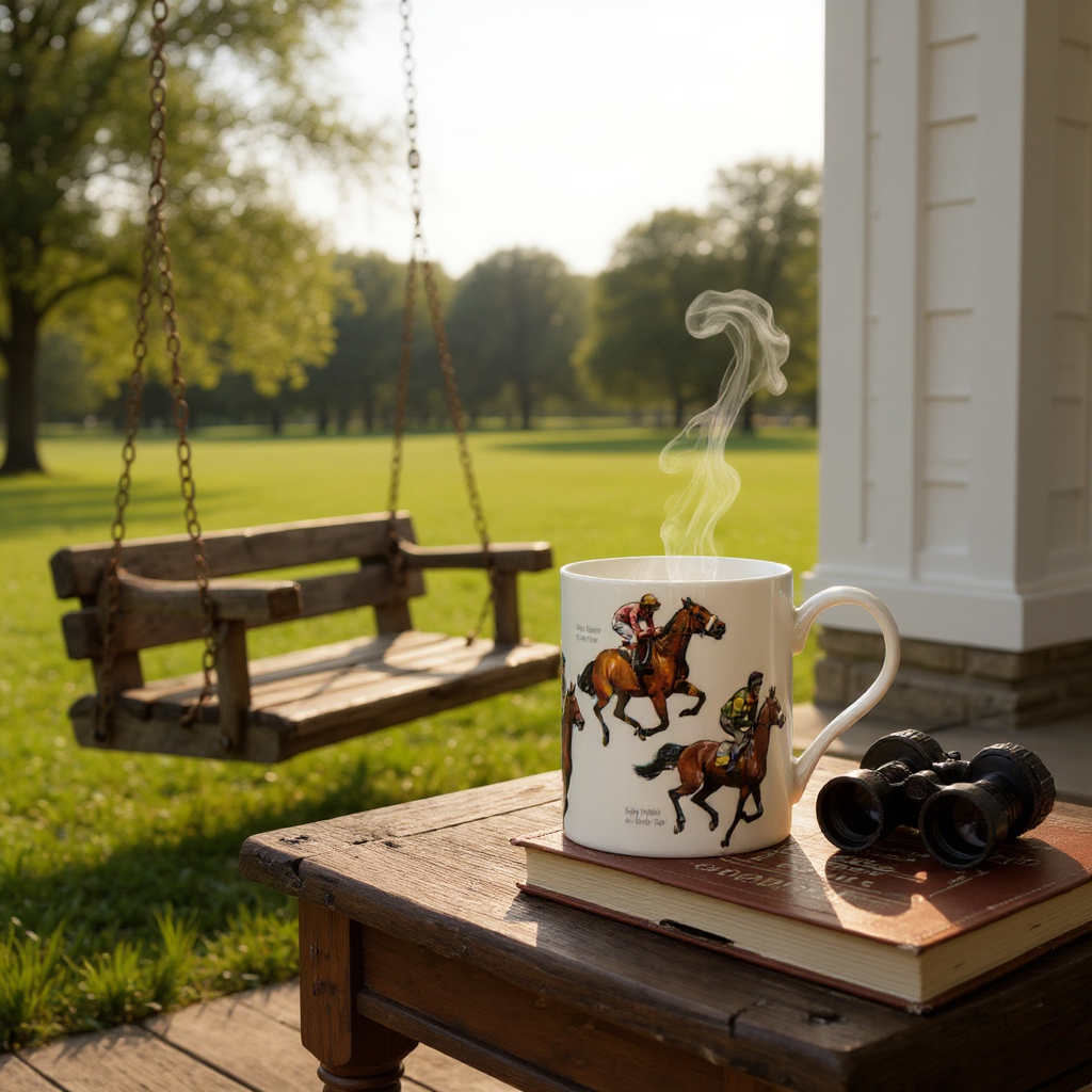 Horse racing mug featuring jockeys and racehorses – Red Rum and Best Mate design