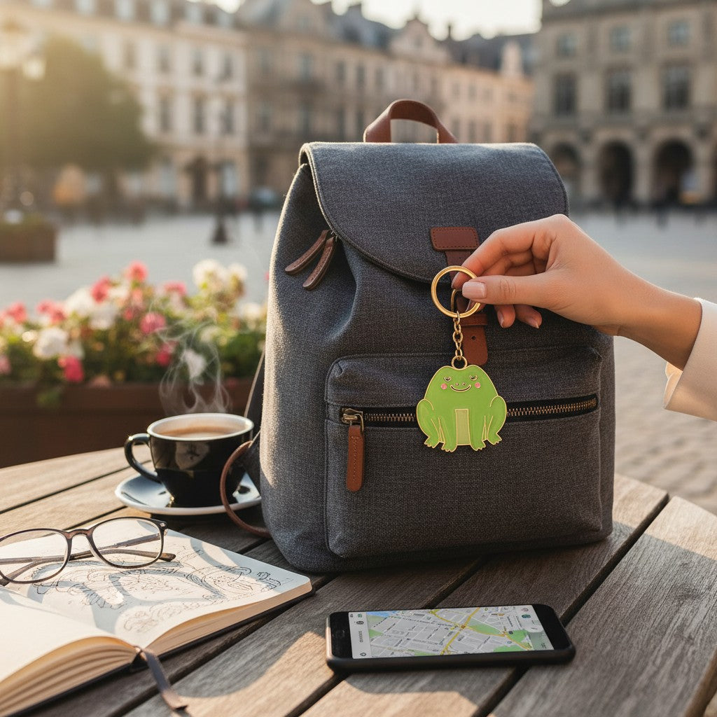 Person holding a backpack with a frog keychain, coffee, map, and phone on a table outdoors.