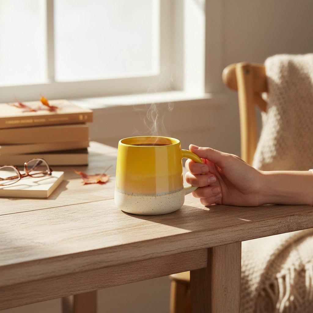 Hand holding a yellow mug on a wooden table with books and glasses in the background