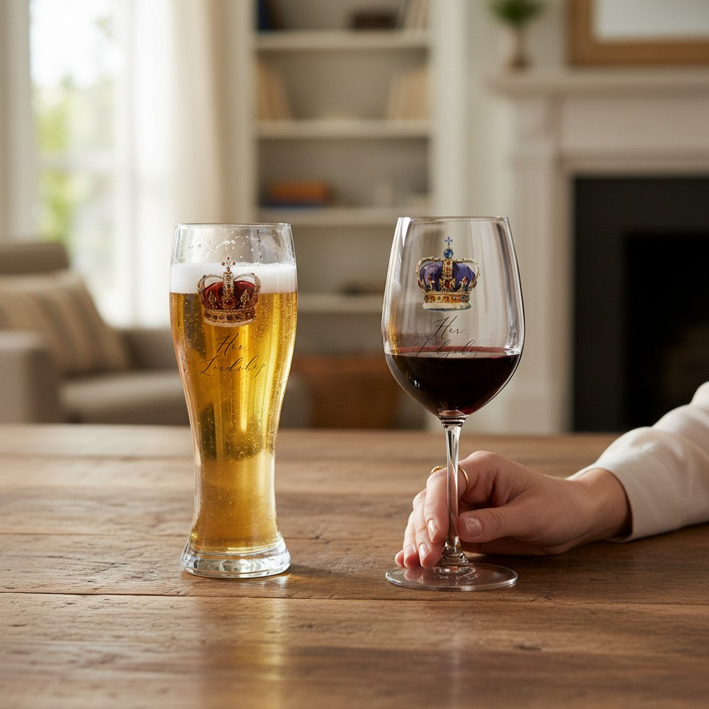 His Lordship beer glass and Her Ladyship wine glass on table