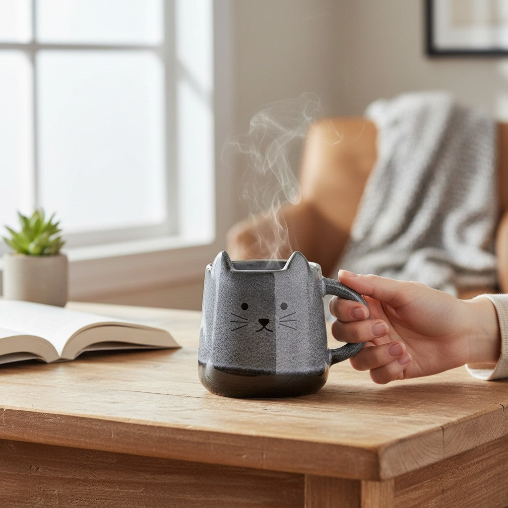 Person holding a gray cat-shaped mug with steam, on a wooden table with a book and plant in a cozy room.