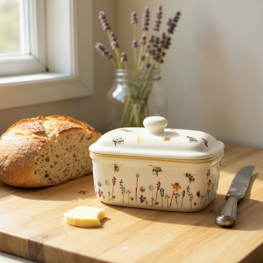 Butter dish for kitchen or dining table – bee and flower design