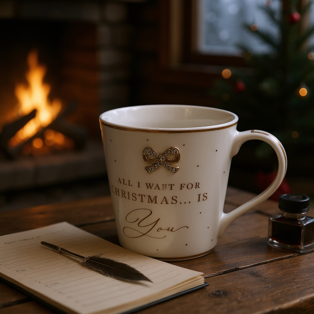 Romantic Christmas ceramic mug gift with bow detail – 300ml