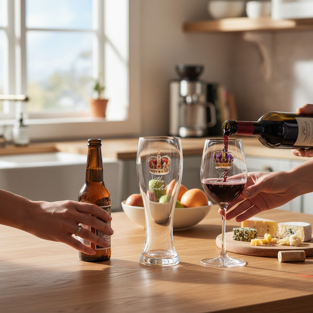 Pouring wine into Her Ladyship glass beside His Lordship beer glass