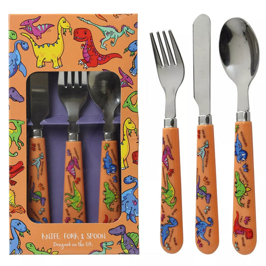 3 Piece Dinosaur Plastic Spoon Fork Knife Kids Children Cutlery Set