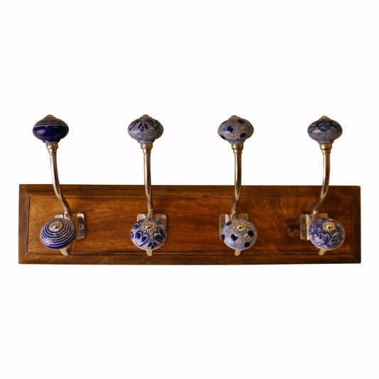 Wooden Base Wall Hooks Blue & White