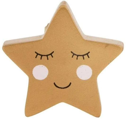 Golden star shaped kids drawer knob smiling face front view