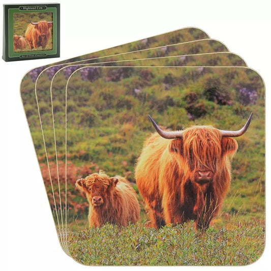 Set of 4 Country Highland Cow & Calf Cork Coasters
