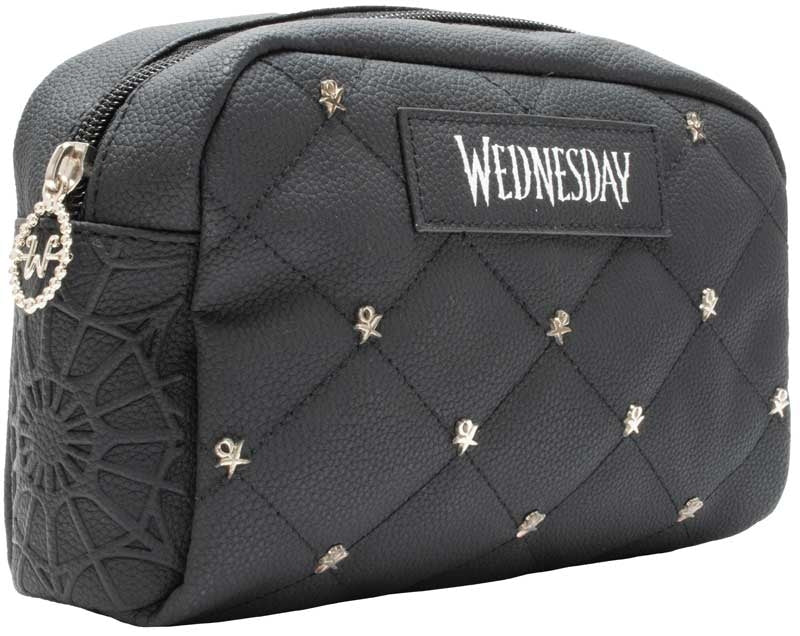 Wednesday Quilted Cosmetic Bag in black with stitched gothic design