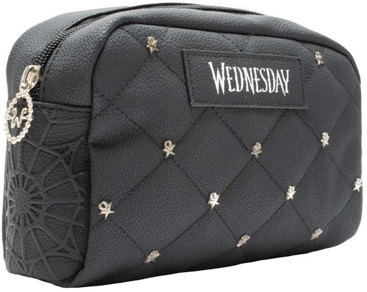 Wednesday Quilted Cosmetic Bag in black with stitched gothic design